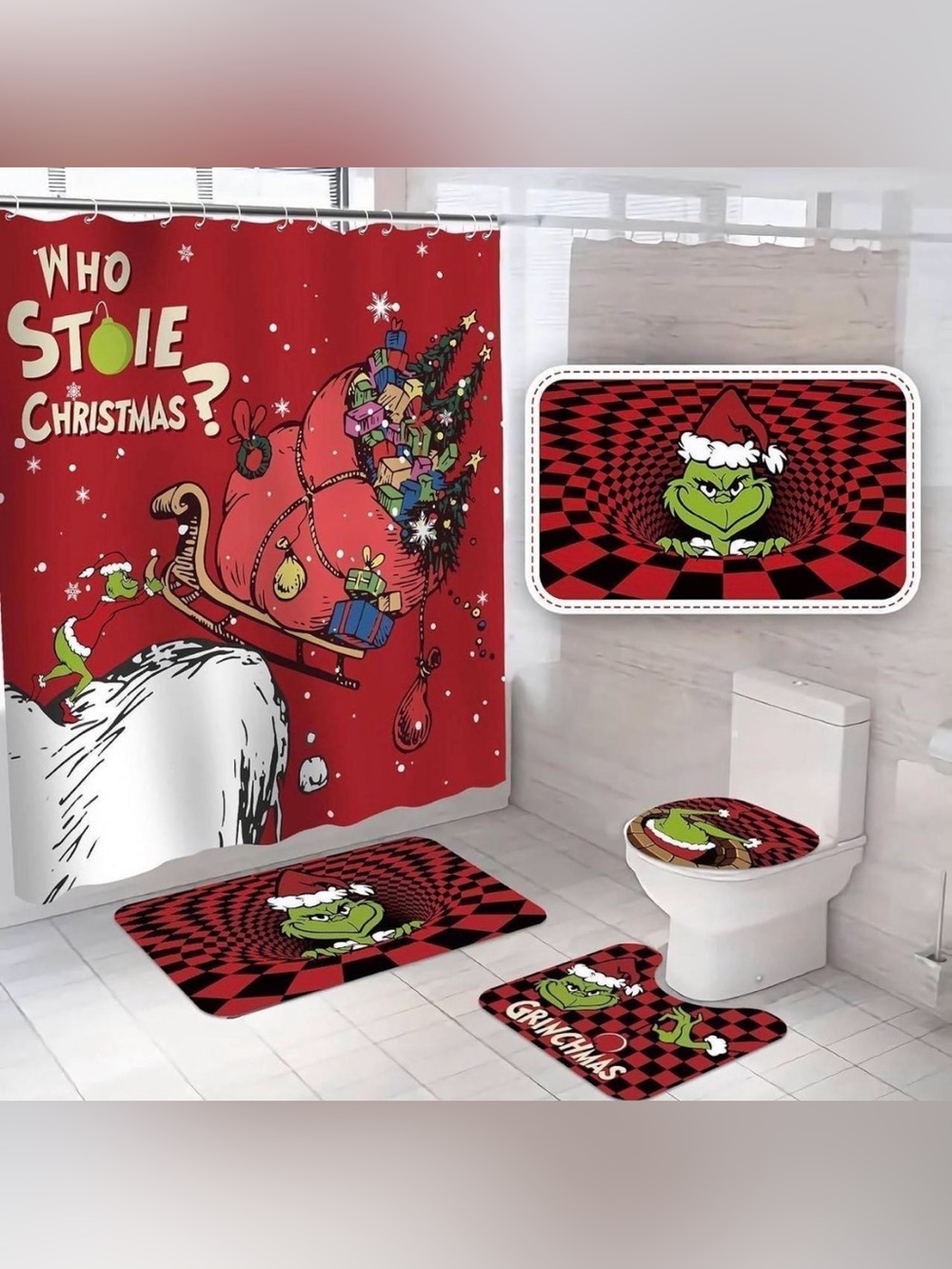 NEW 4Pcs The Grinch
Christmas Shower Curtain Set w/Non-Slip Rugs, Toilet Cover
